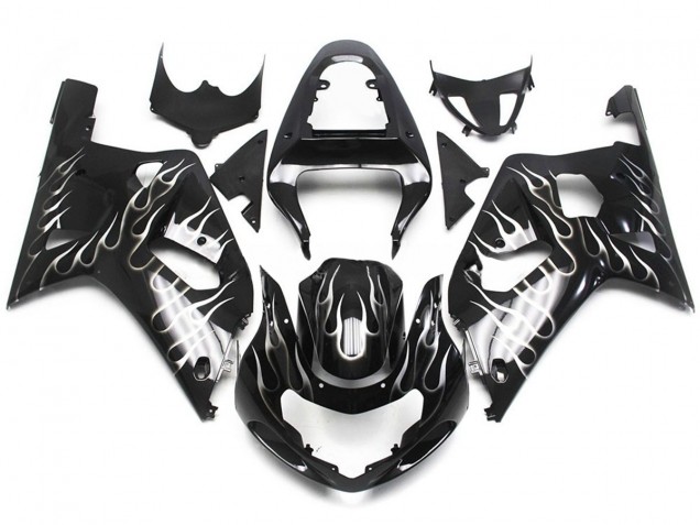 Aftermarket 2001-2003 Black and White Gloss Flame Suzuki GSXR 600-750 Motorcycle Fairing Aftermarket 2001-2003 Black and White Gloss Flame Suzuki GSXR 600-750 Motorcycle Fairing