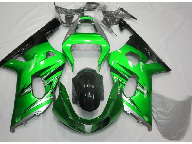 Aftermarket 2001-2003 Green and Silver Suzuki GSXR 600-750 Motorcycle Fairing Aftermarket 2001-2003 Green and Silver Suzuki GSXR 600-750 Motorcycle Fairing
