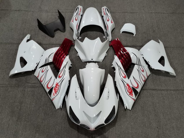 Aftermarket 2006-2011 White Red Flame Kawasaki ZX14R Motorcycle Fairing Aftermarket 2006-2011 White Red Flame Kawasaki ZX14R Motorcycle Fairing