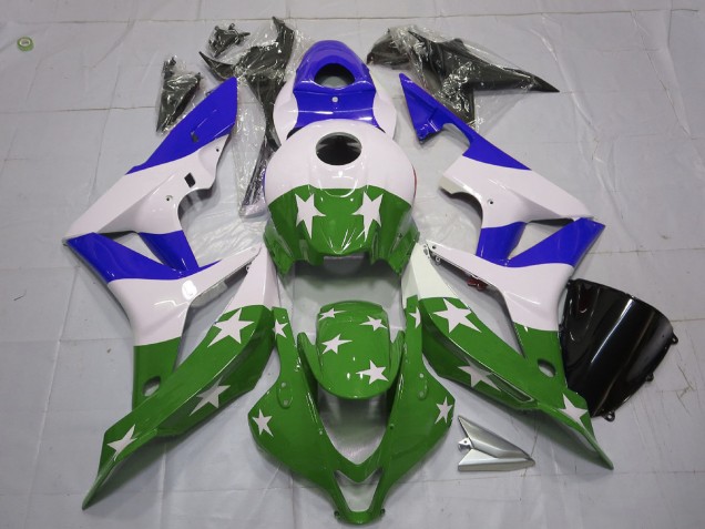 Aftermarket 2007-2008 Green and Blue Stars and Stripes Honda CBR600RR Motorcycle Fairing Aftermarket 2007-2008 Green and Blue Stars and Stripes Honda CBR600RR Motorcycle Fairing